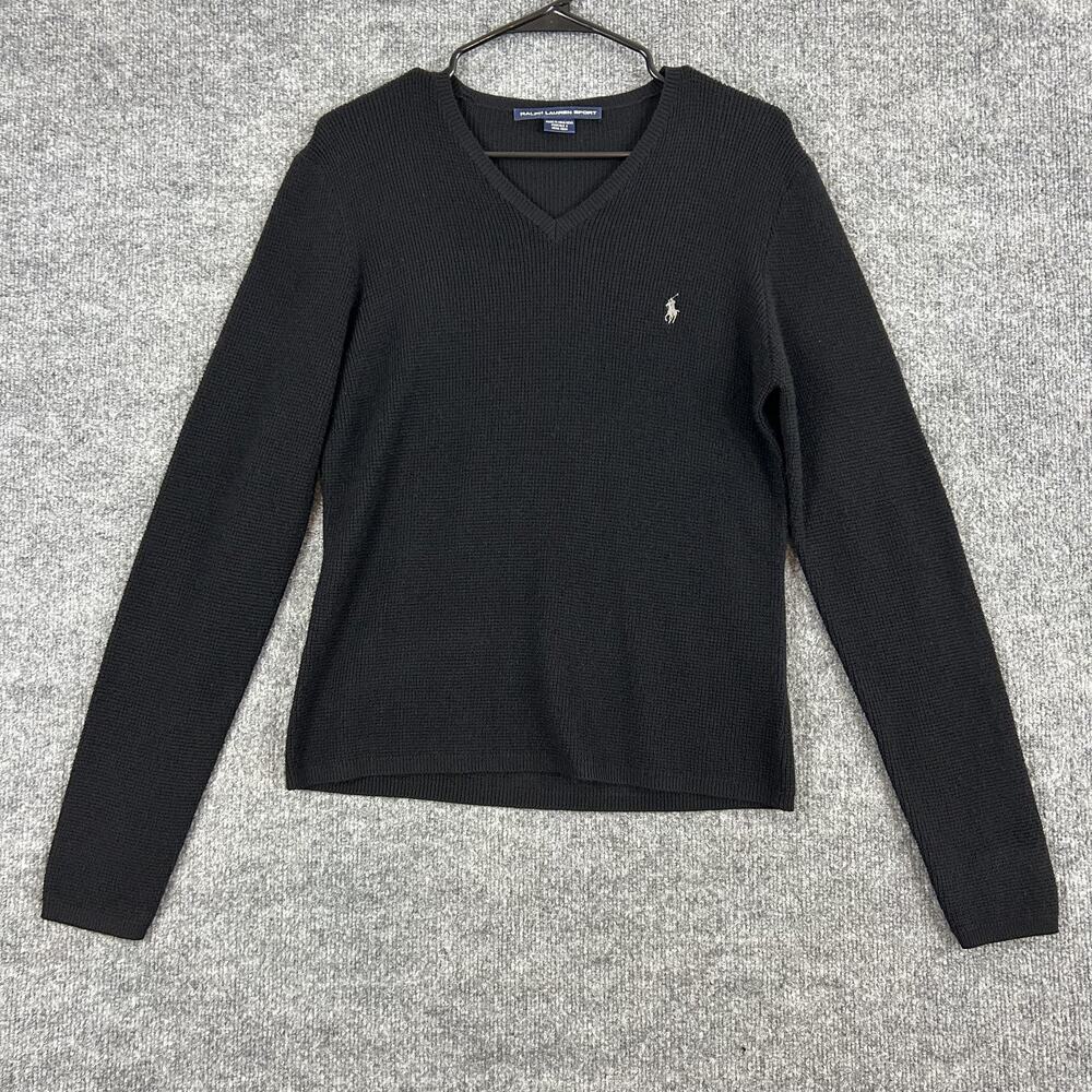 Ralph Lauren Sport Sweater Womens XL Wool Cashmere Waffle V Neck Black Preppy
